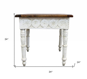 HomeRoots 24" Rustic Hand-Crafted Ivory and Brown Solid Wood End Table with Unique Artisan Details 488539