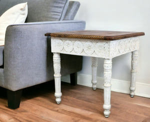 HomeRoots 24" Rustic Hand-Crafted Ivory and Brown Solid Wood End Table with Unique Artisan Details 488539