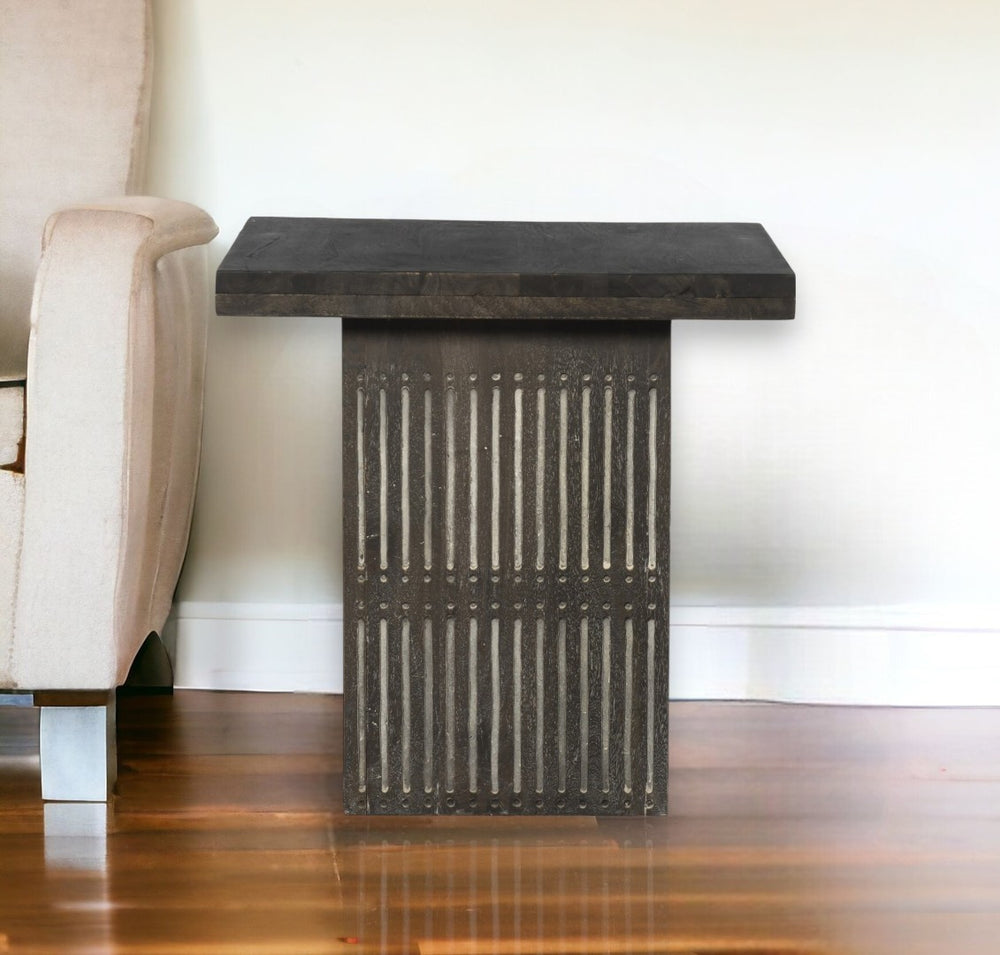 HomeRoots 24" Antique Brown Solid Wood Square End Table - Vintage Charm with Hand-Carved Details for Any Room 488540