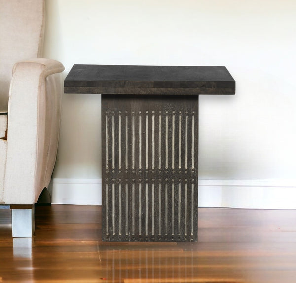 HomeRoots 24" Antique Brown Solid Wood Square End Table - Vintage Charm with Hand-Carved Details for Any Room 488540