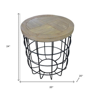 HomeRoots 24" Rustic Mango Wood and Matte Black Iron Round End Table - Stylish, Handcrafted & Versatile Design 488544