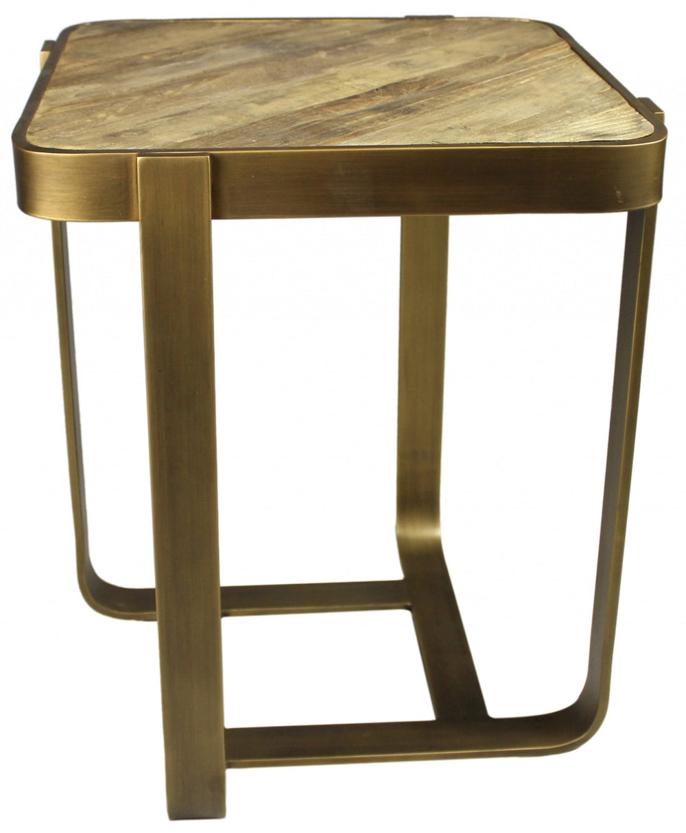 HomeRoots 24" Rustic Square End Table with Reclaimed Elm Top & Burnished Brass Iron Frame for Versatile Use 488546