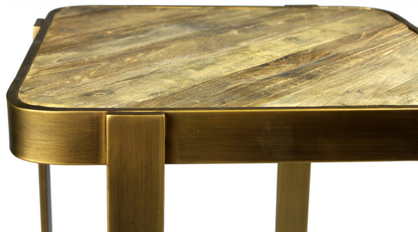 HomeRoots 24" Rustic Square End Table with Reclaimed Elm Top & Burnished Brass Iron Frame for Versatile Use 488546