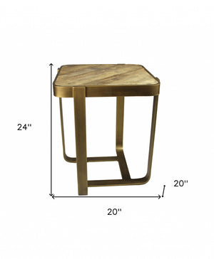 HomeRoots 24" Rustic Square End Table with Reclaimed Elm Top & Burnished Brass Iron Frame for Versatile Use 488546