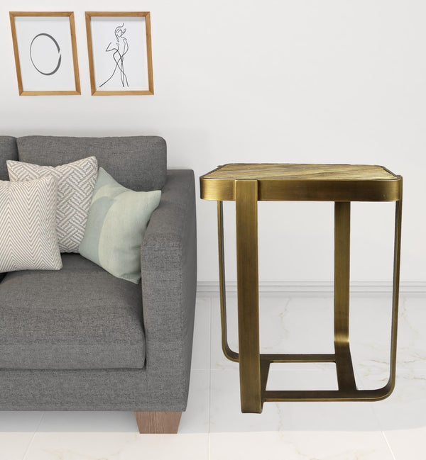 HomeRoots 24" Rustic Square End Table with Reclaimed Elm Top & Burnished Brass Iron Frame for Versatile Use 488546