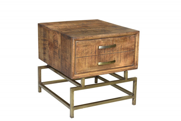 HomeRoots 21" Rustic Industrial End Table with Drawer - Solid Wood & Brass Iron Base for Stylish Storage 488548