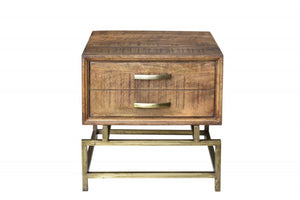 HomeRoots 21" Rustic Industrial End Table with Drawer - Solid Wood & Brass Iron Base for Stylish Storage 488548