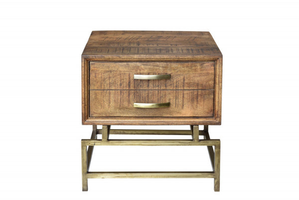 HomeRoots 21" Rustic Industrial End Table with Drawer - Solid Wood & Brass Iron Base for Stylish Storage 488548