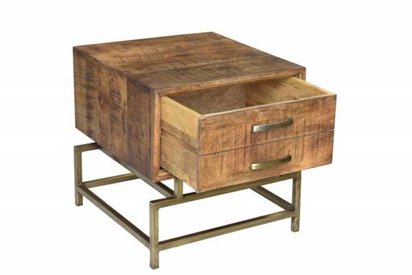 HomeRoots 21" Rustic Industrial End Table with Drawer - Solid Wood & Brass Iron Base for Stylish Storage 488548