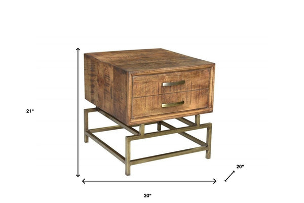 HomeRoots 21" Rustic Industrial End Table with Drawer - Solid Wood & Brass Iron Base for Stylish Storage 488548