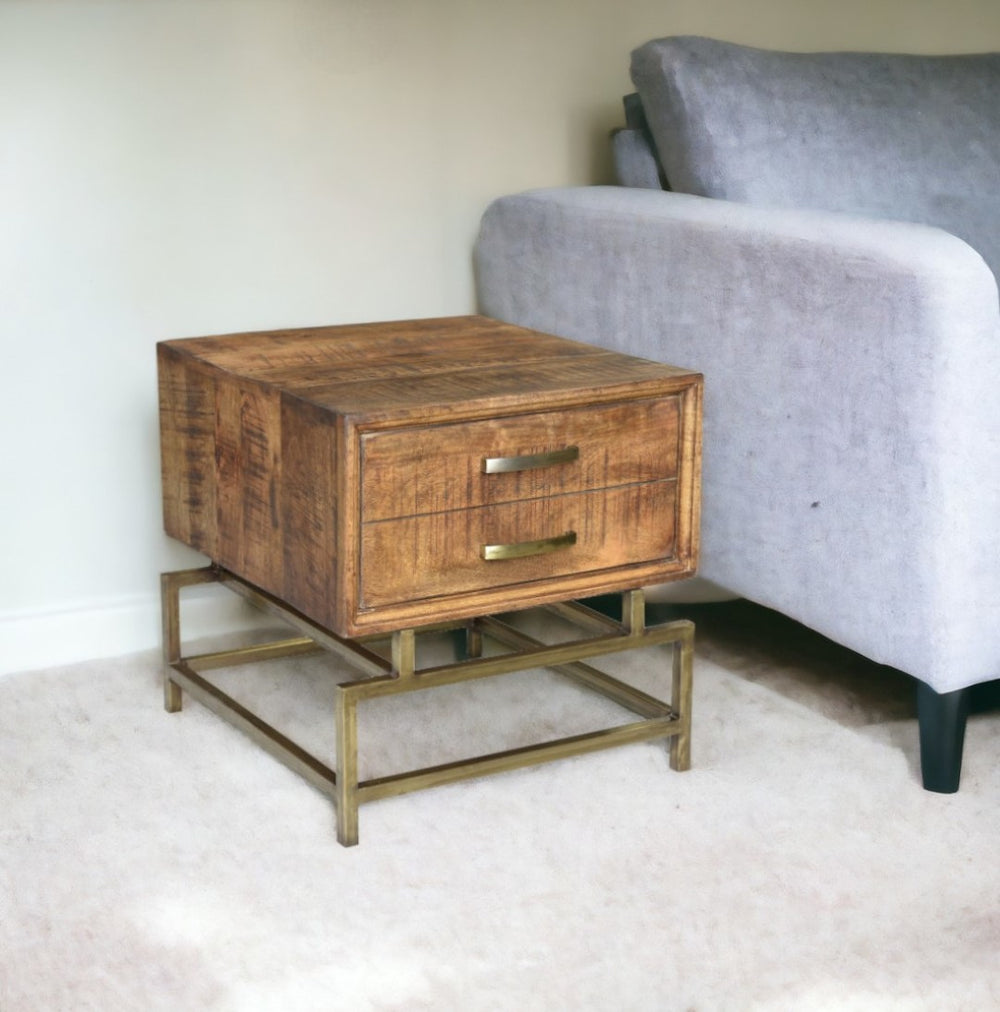 HomeRoots 21" Rustic Industrial End Table with Drawer - Solid Wood & Brass Iron Base for Stylish Storage 488548