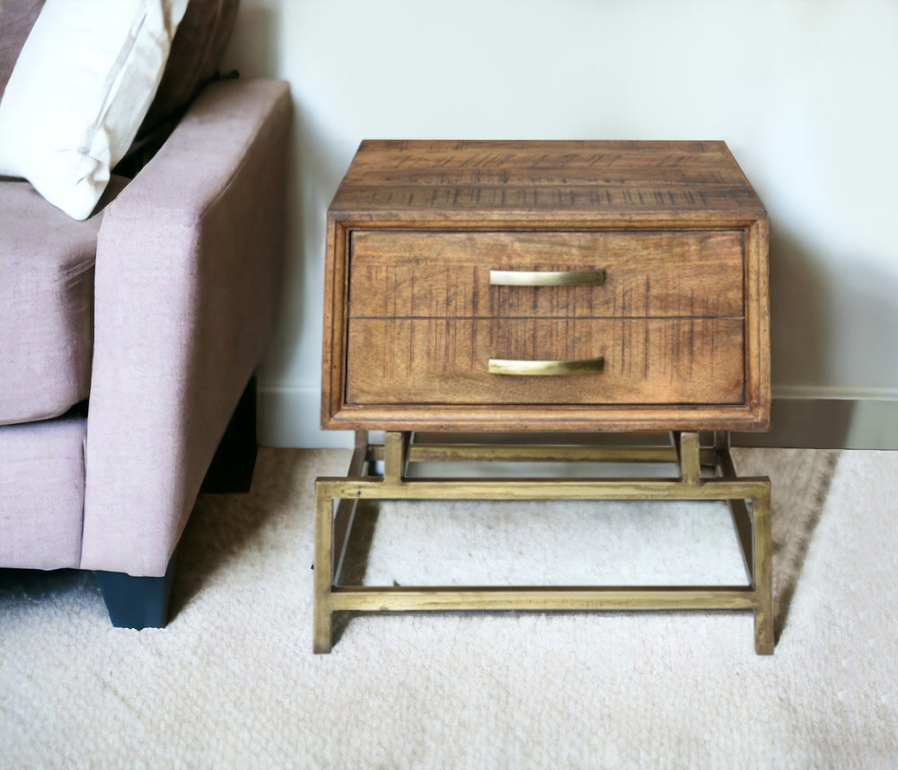 HomeRoots 21" Rustic Industrial End Table with Drawer - Solid Wood & Brass Iron Base for Stylish Storage 488548