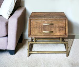 HomeRoots 21" Rustic Industrial End Table with Drawer - Solid Wood & Brass Iron Base for Stylish Storage 488548