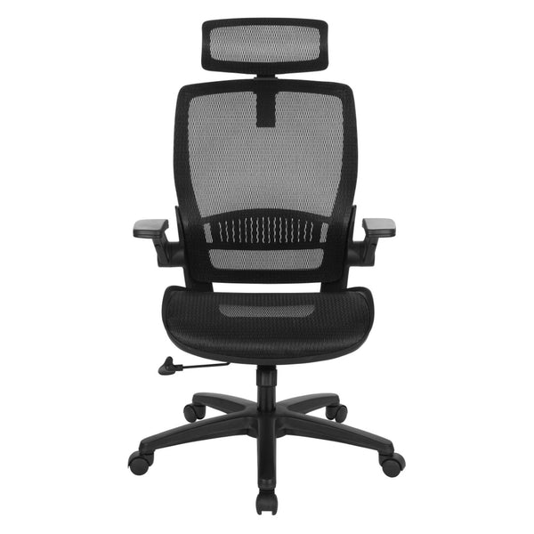 OSP Home Furnishings Mesh Back Ergonomic Manager Chair with Adjustable Headrest Lumbar Support and Flip Armrests EMM65151HR-3