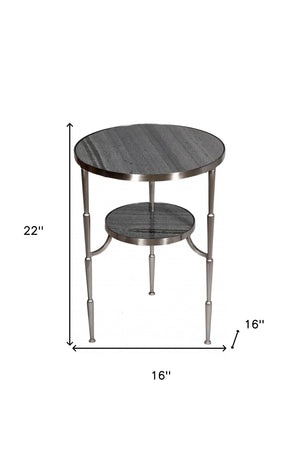 HomeRoots 22" Elegant Nickel and Marble Round End Table – Stylish Two-Tier Design for Small Spaces & Versatile Use 488549