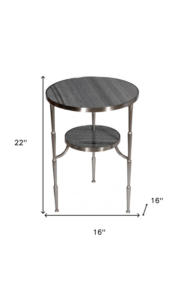 HomeRoots 22" Elegant Nickel and Marble Round End Table – Stylish Two-Tier Design for Small Spaces & Versatile Use 488549