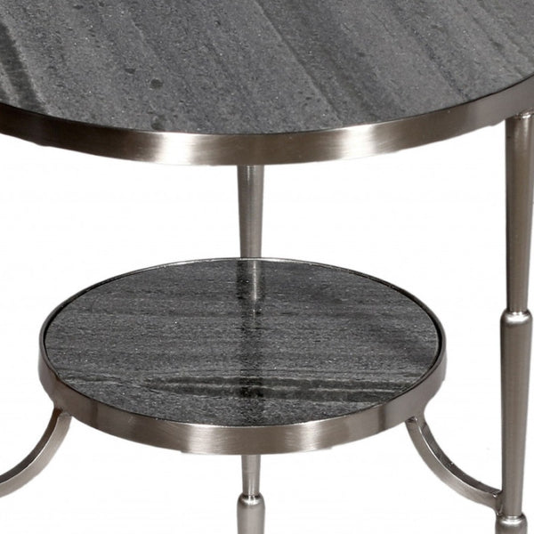HomeRoots 22" Elegant Nickel and Marble Round End Table – Stylish Two-Tier Design for Small Spaces & Versatile Use 488549