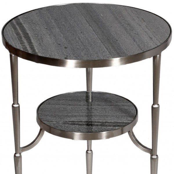 HomeRoots 22" Elegant Nickel and Marble Round End Table – Stylish Two-Tier Design for Small Spaces & Versatile Use 488549