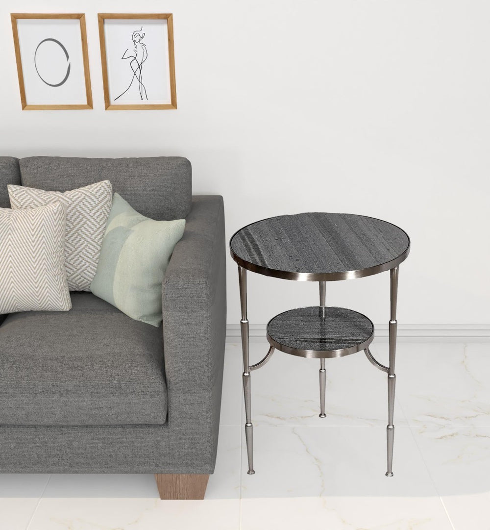 HomeRoots 22" Elegant Nickel and Marble Round End Table – Stylish Two-Tier Design for Small Spaces & Versatile Use 488549