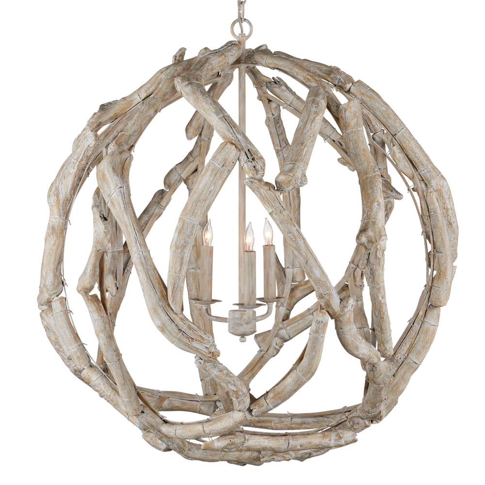 Driftwood Whitewash Orb Chandelier - Coastal Elegance in Natural Driftwood, Adjustable Height Design