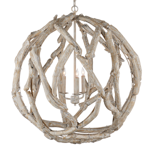 Driftwood Whitewash Orb Chandelier - Coastal Elegance in Natural Driftwood, Adjustable Height Design