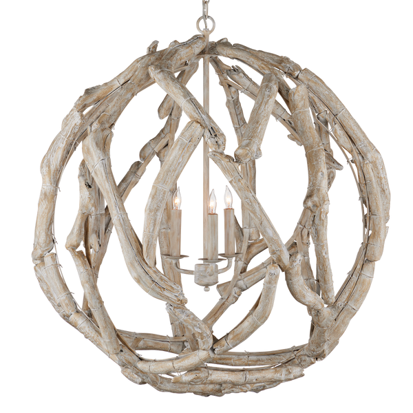 Driftwood Whitewash Orb Chandelier - Coastal Elegance in Natural Driftwood, Adjustable Height Design