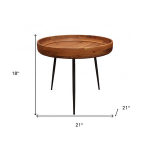 Homeroots 18" Black And Natural Brown Solid Wood And Iron Round End Table   488551