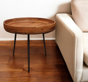 Homeroots 18" Black And Natural Brown Solid Wood And Iron Round End Table   488551