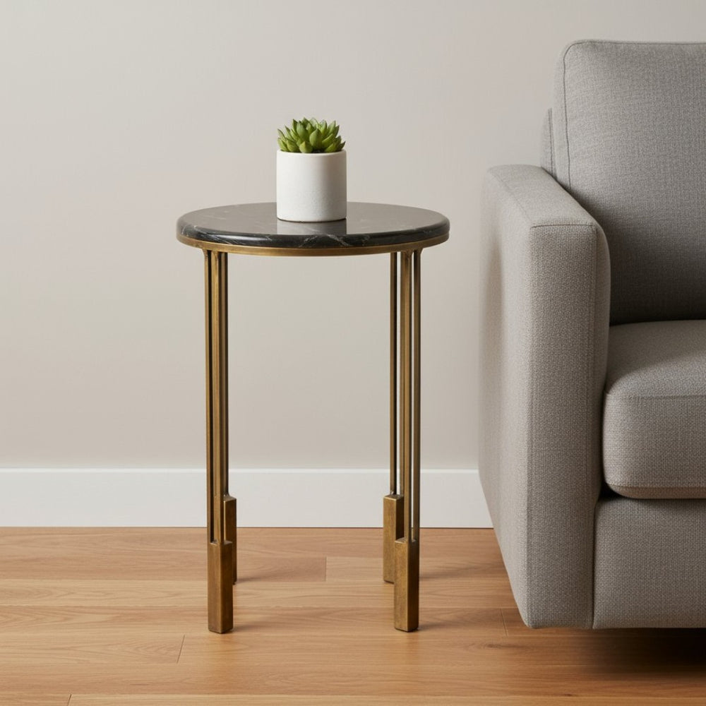 HomeRoots 23" Gold and Black Marble Round End Table - Chic Accent Piece for Modern Living Spaces and Small Areas 488553