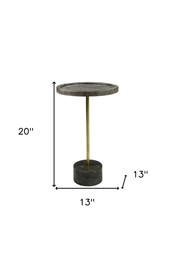 Homeroots 20" Black And Brown Solid Wood And Marble Round End Table   488554