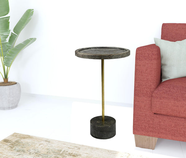 Homeroots 20" Black And Brown Solid Wood And Marble Round End Table   488554