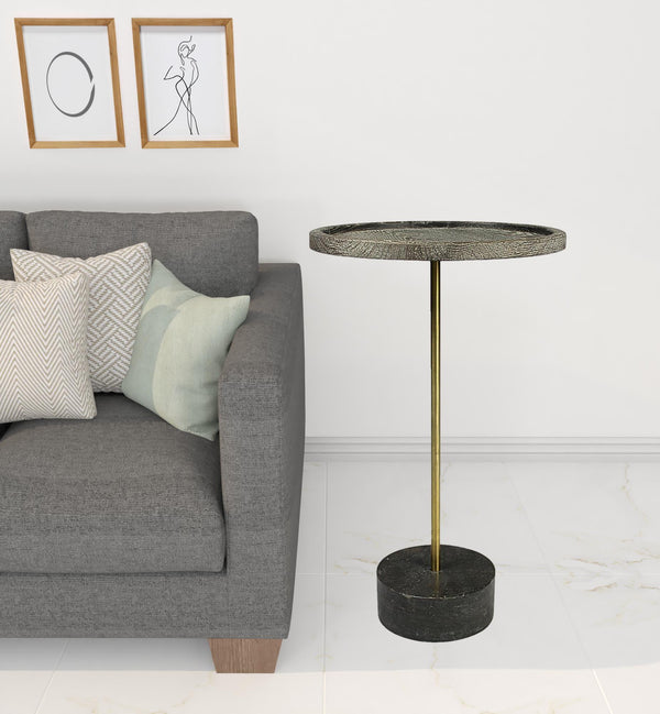 Homeroots 26" Black And Brown Solid Wood And Marble Round End Table   488555