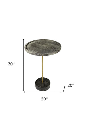 Homeroots 30" Black And Brown Solid Wood And Marble Round End Table   488556