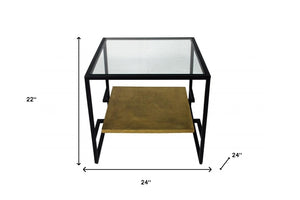 Homeroots 22" Bronze And Clear Glass Square End Table With Shelf   488557
