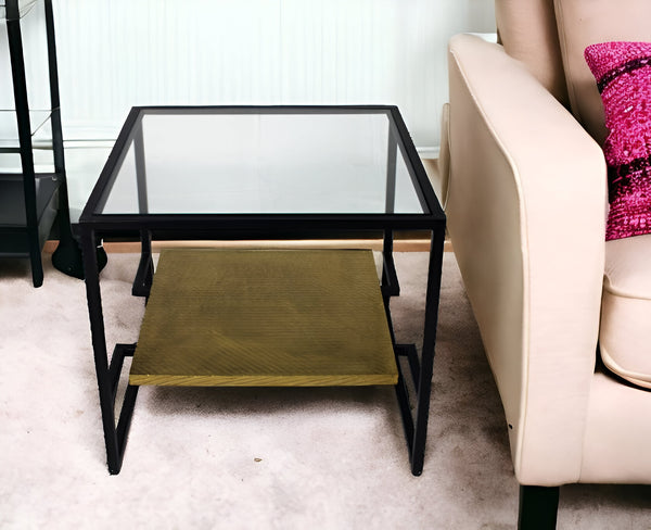Homeroots 22" Bronze And Clear Glass Square End Table With Shelf   488557