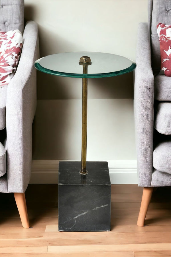 HomeRoots 22" Sleek Black Marble and Clear Glass Round End Table - Modern Accent for Any Space 488558