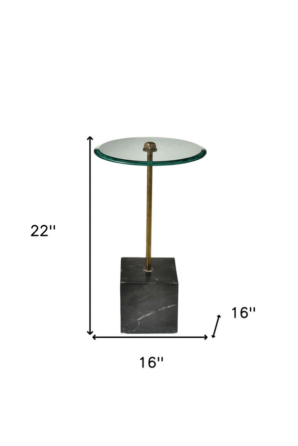 HomeRoots 22" Sleek Black Marble and Clear Glass Round End Table - Modern Accent for Any Space 488558