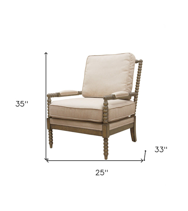 Homeroots 25" Ivory Cushion And Natural Beaded Arm Chair   488563