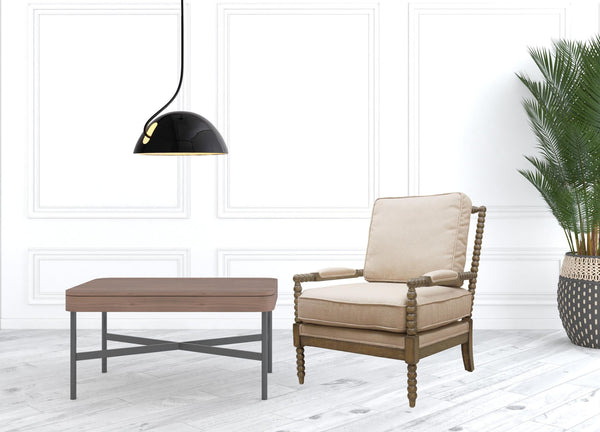 Homeroots 25" Ivory Cushion And Natural Beaded Arm Chair   488563