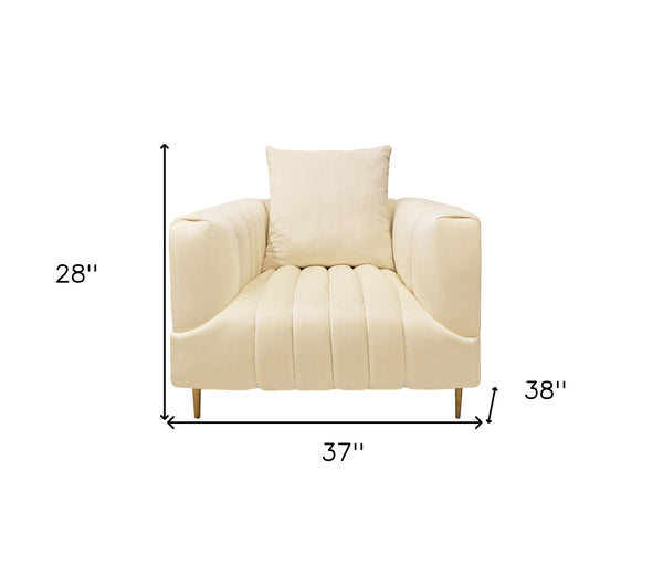 Homeroots 37" Ivory Velvet And Gold Solid Color Lounge Chair   488572