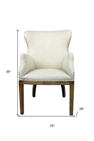 Homeroots 25" Ivory And Brown Fabric And Solid Wood Dining Arm Chair   488573