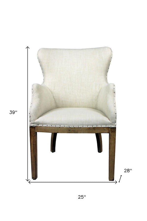 Homeroots 25" Ivory And Brown Fabric And Solid Wood Dining Arm Chair   488573