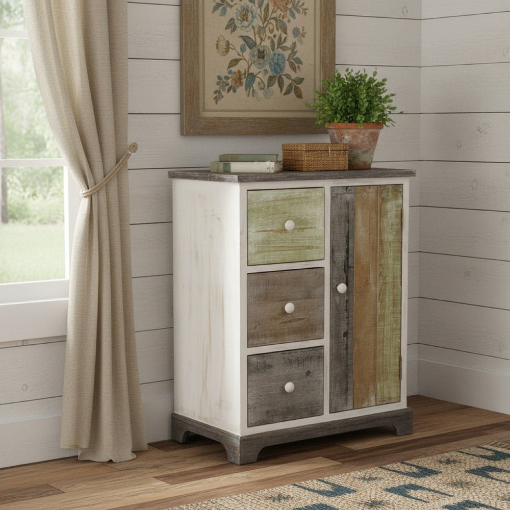 HomeRoots 30" Rustic Wood End Table with 3 Drawers - Distressed Black Top & White Base for Vintage Charm 488582