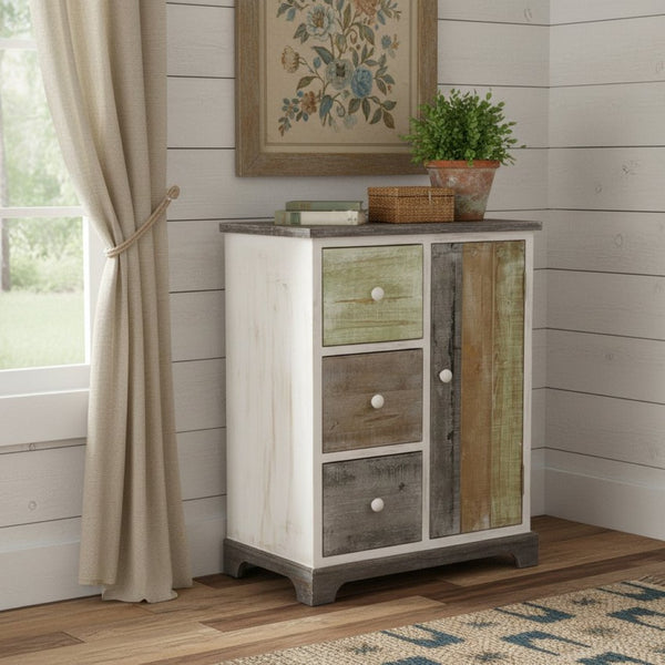 HomeRoots 30" Rustic Wood End Table with 3 Drawers - Distressed Black Top & White Base for Vintage Charm 488582