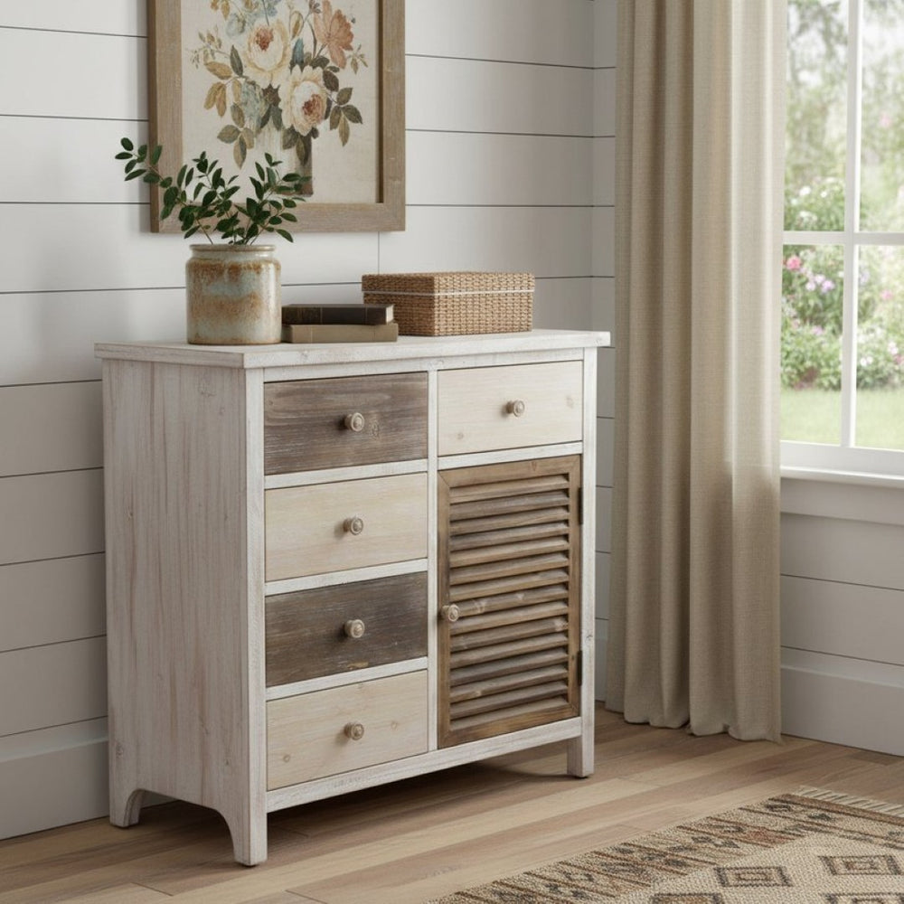 HomeRoots 32" Brown Solid Wood End Table - Handcrafted Rustic Design with 5 Drawers & 2 Shelves for Storage 488584