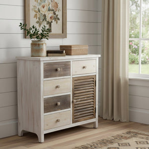 HomeRoots 32" Brown Solid Wood End Table - Handcrafted Rustic Design with 5 Drawers & 2 Shelves for Storage 488584