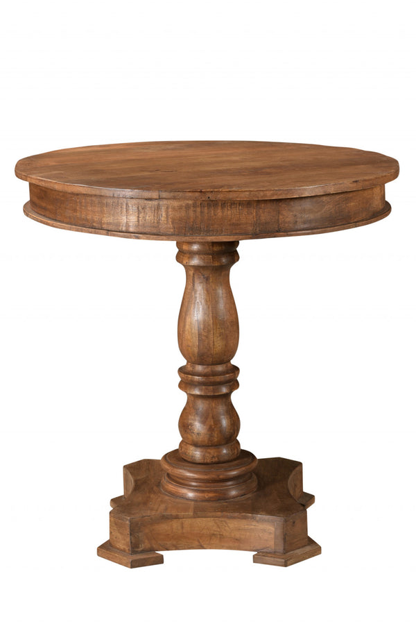 Homeroots 30" Wood Brown Rounded Solid Wood Pedestal Base Dining Table   488593