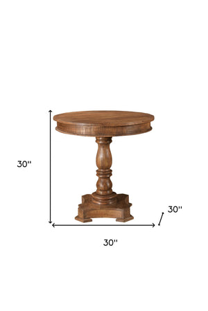 Homeroots 30" Wood Brown Rounded Solid Wood Pedestal Base Dining Table   488593