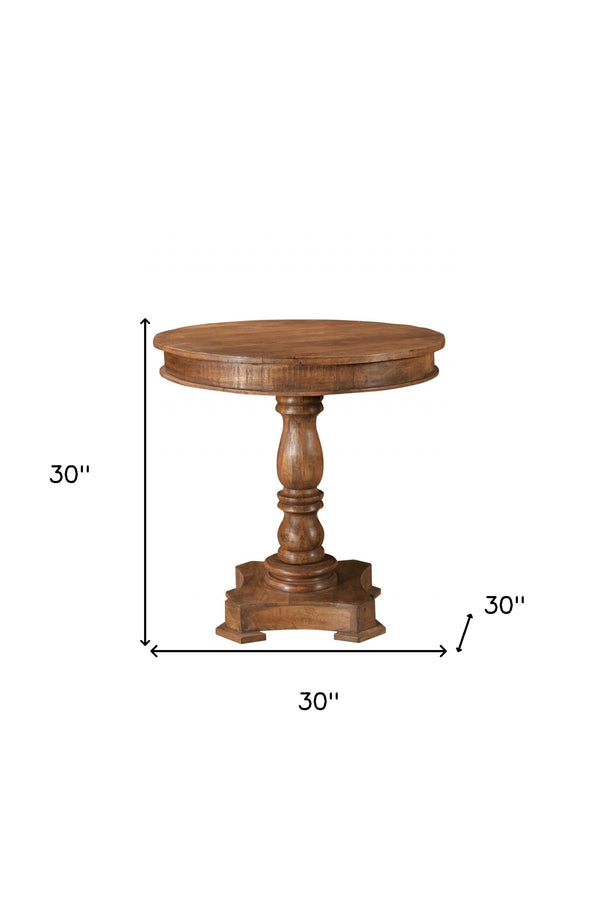 Homeroots 30" Wood Brown Rounded Solid Wood Pedestal Base Dining Table   488593