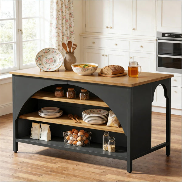 English Elm Farmhouse Kitchen Island with Open Shelves Wood Grain Top Counter Height Prep Table T3971P458845